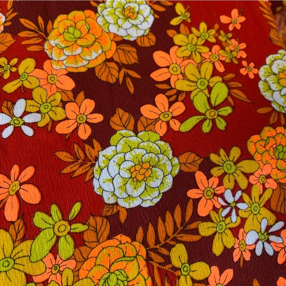 Vintage Hawaiian Barkcloth Floral Ruffle Robe Mod Dayglow Retro Neon Small READ - Picture 8 of 16